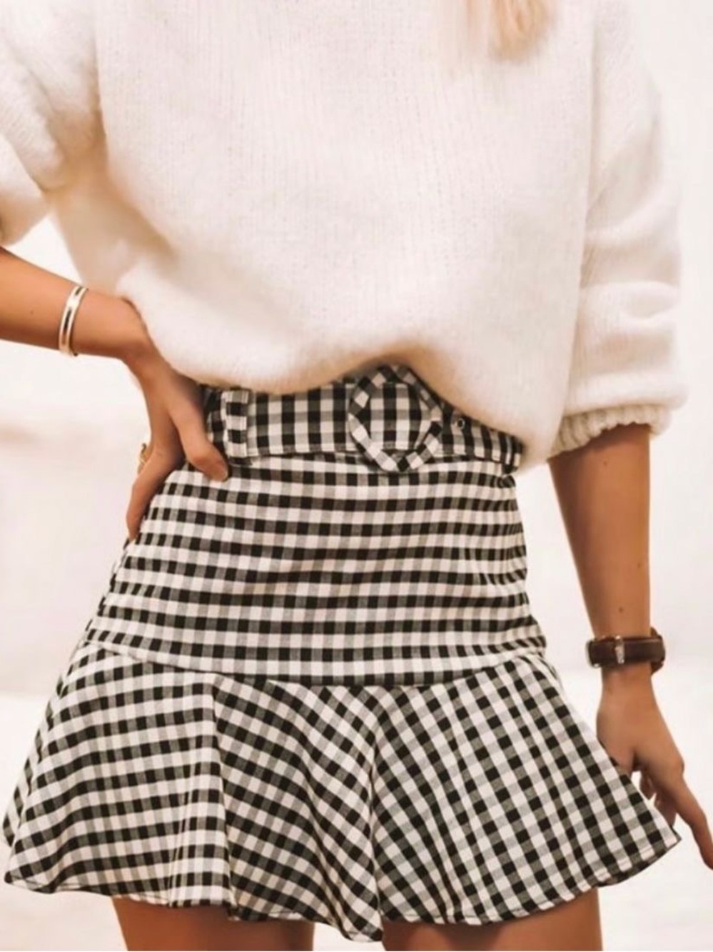 Zara Black and White Gingham Belted Ruffle Mini Skirt.